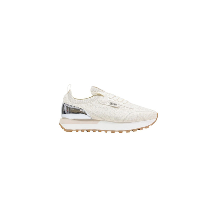 Image 1 : Sneaker femme Liu Jo en maille knit beige avec insert miroir argenté au talon et semelle caramel, vue de profil droit — Delvale