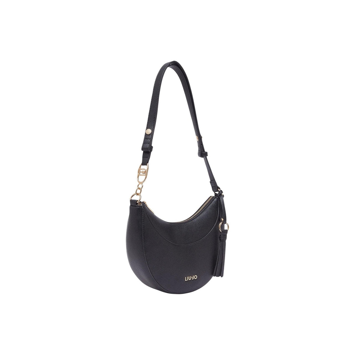 Image 2 : Vue de face du sac à main Liu Jo hobo demi-lune noir avec fermeture zippée dorée et pompon, fond blanc — Delvale