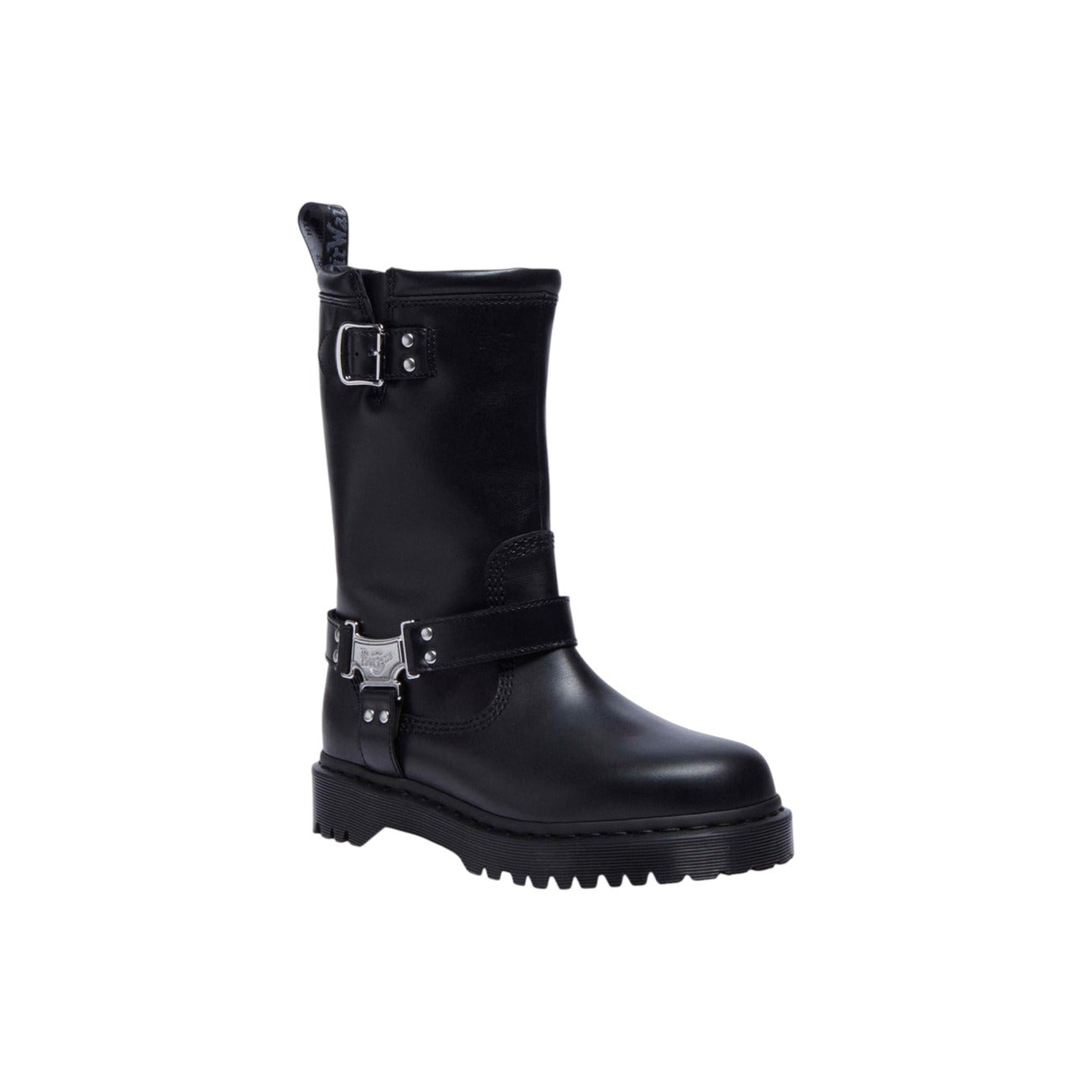 Dr. Martens Anistone Hi noires vue avant trois-quarts avec brides et boucles