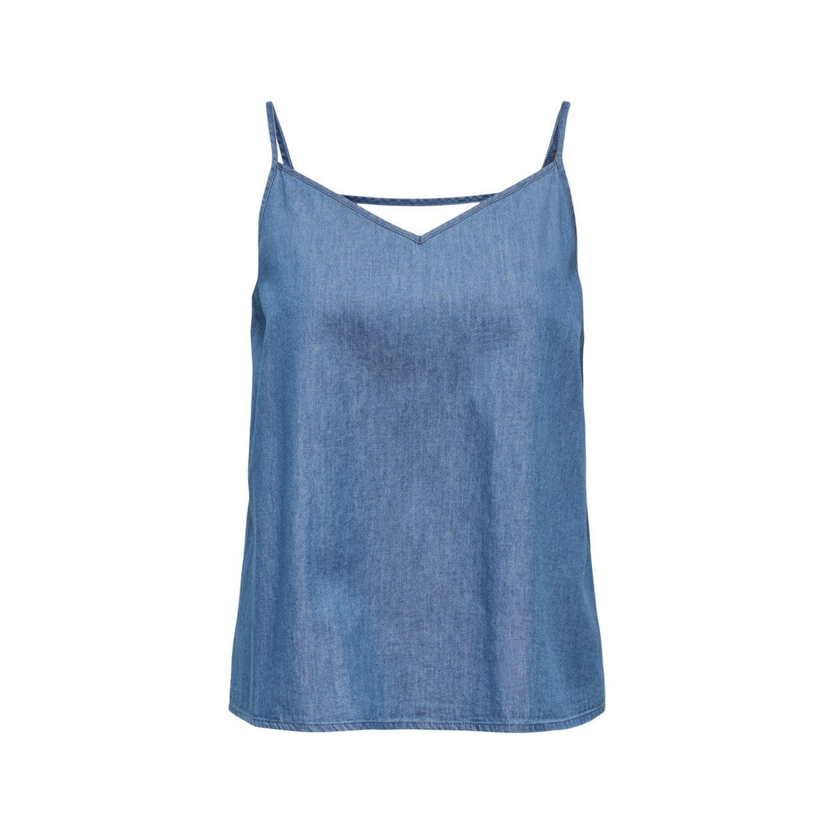 Image 3 : Détail du col V et des bretelles fines du débardeur Only femme effet denim bleu — Delvale