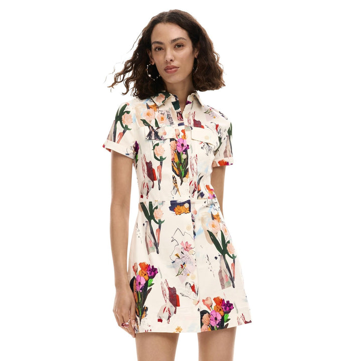 Image 1 : Robe Desigual beige à motifs floraux délicats, manches courtes et col rond — Delvale