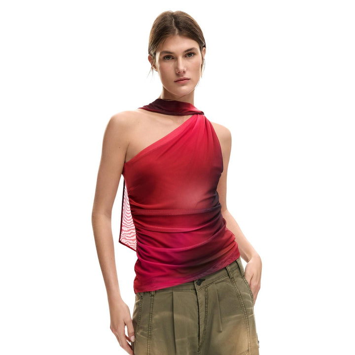Image 1 : Top Desigual femme rouge sans manches avec épaule asymétrique — delvale