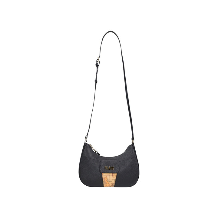 Image 1 : Sac bandoulière Alviero Martini Prima Classe noir avec insert motif carte géographique et logo doré en façade, vue de face — Delvale