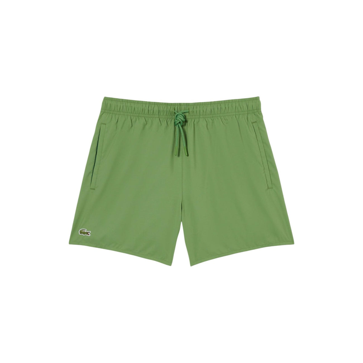Image 2 : Vue latérale du maillot de bain Lacoste homme vert, coupe courte et ceinture élastiquée avec lacet — Delvale