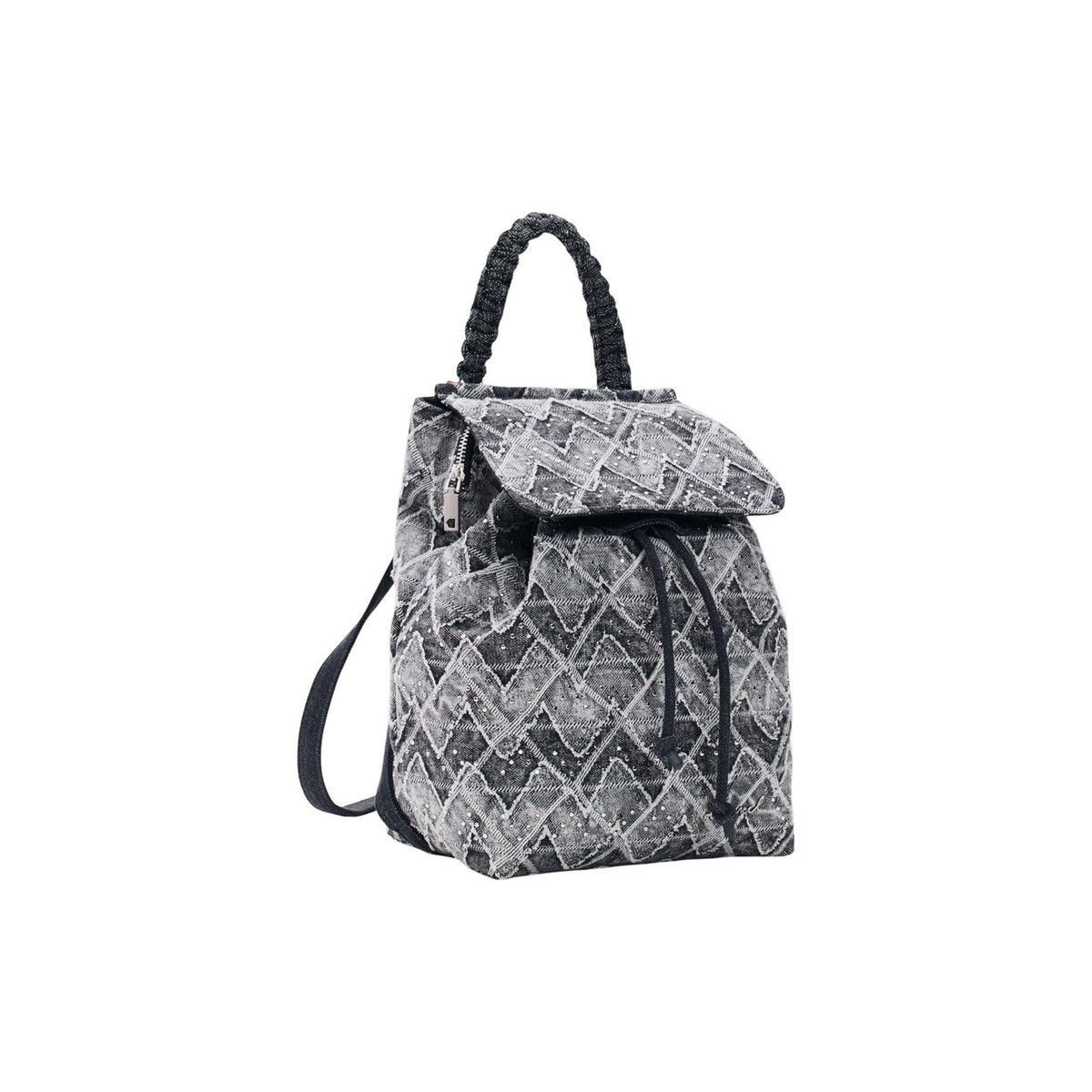 Image 2 : Détail du tissu jacquard gris losanges nacrés et anse tressée du sac à dos Desigual femme — Delvale