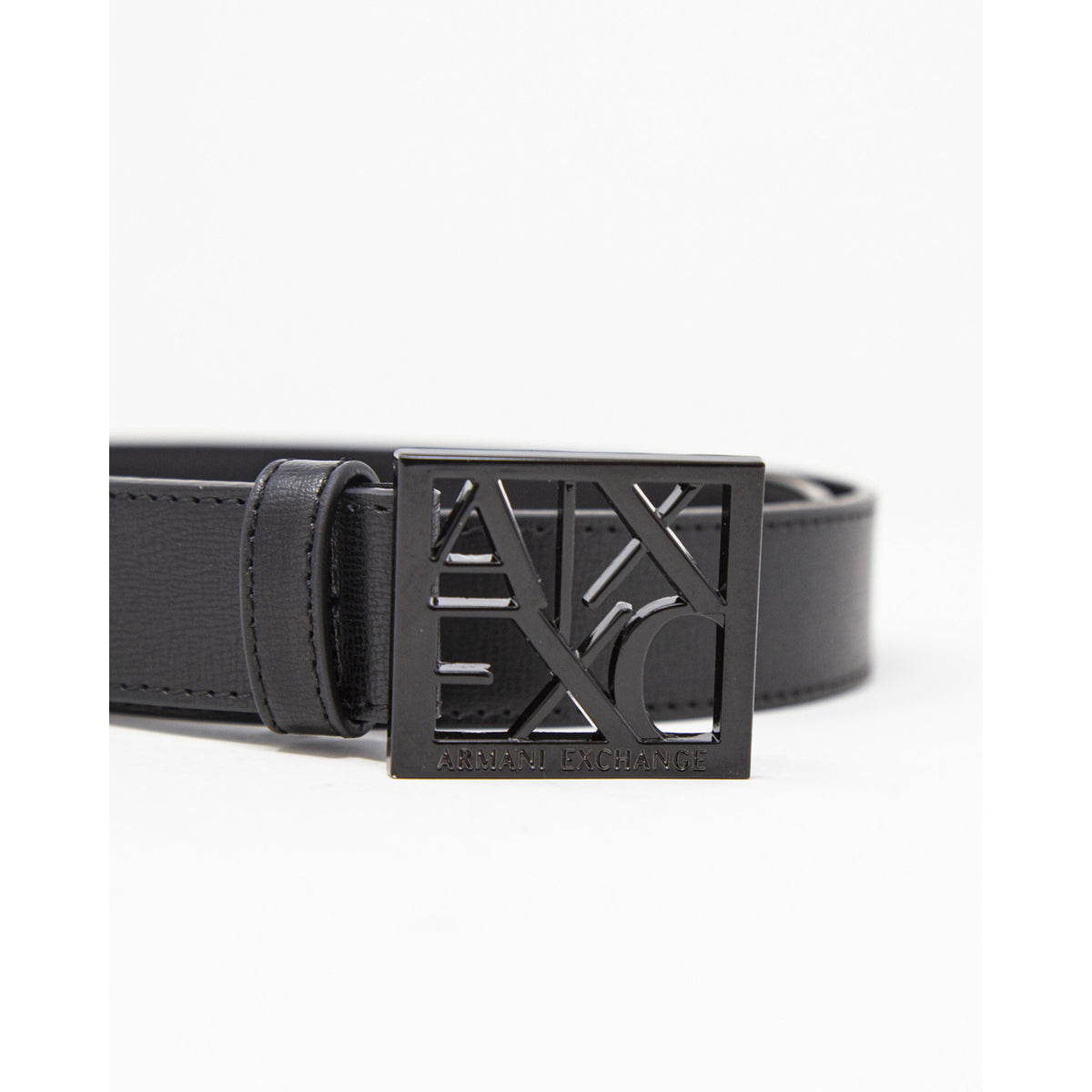 Image 2 : Détail boucle carrée gunmetal ceinture Armani Exchange cuir noir femme — Delvale