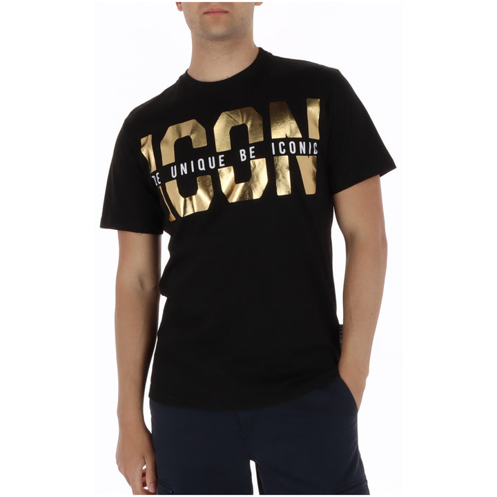 Image 1 : T-shirt homme Icon noir avec grand print doré métallisé ICON et inscription Be Unique Be Iconic, porté de face — Delvale
