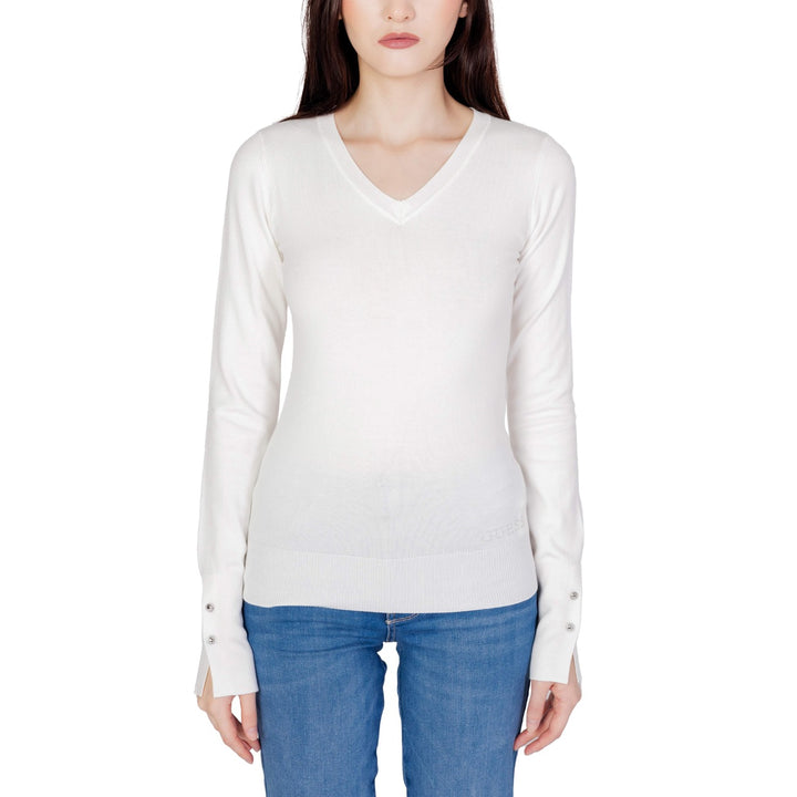 Image 1 : Pull Guess femme blanc en coton avec col V élégant et manches longues — Delvale