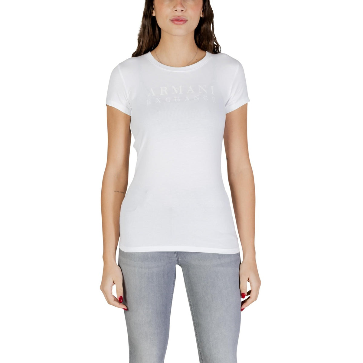 Image 3 : T-shirt femme Armani Exchange blanc motif imprimé, vue de profil coupe moderne — delvale