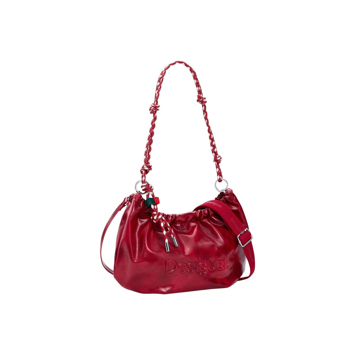 Image 3 : Vue d'ensemble du sac Desigual rouge avec sangle jacquard et fermeture froncée — delvale