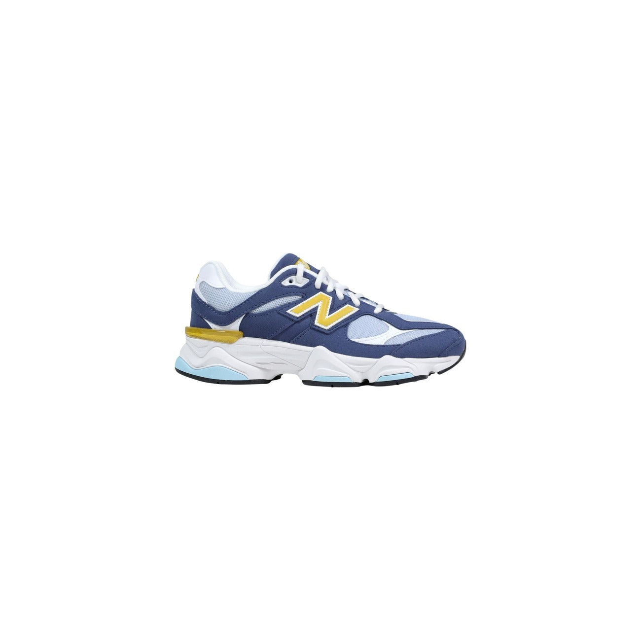 New Balance 9060 femme bleu ciel marine jaune moutarde semelle chunky blanche profil droit