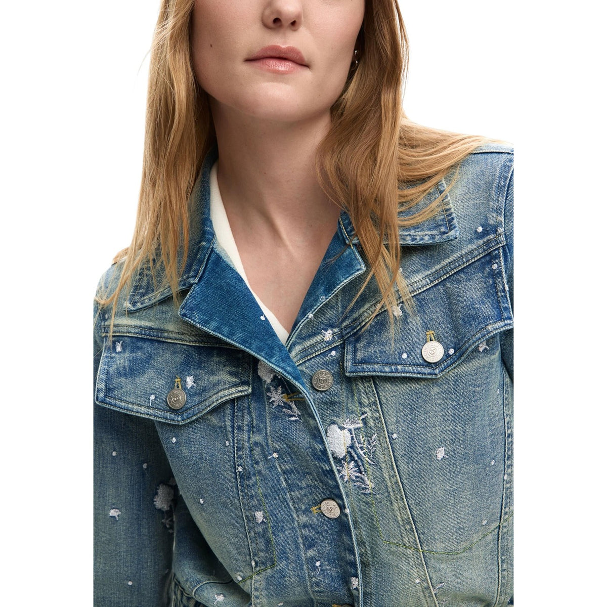 Image 3 : Vue d'ensemble de la veste Desigual femme bleu azur avec col classique et poches frontales — Delvale