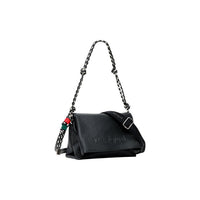 Image 2 : Sac à main Desigual femme noir logo gaufré sur rabat, anse corde tressée noir et blanc, breloques colorées rouge et vert — vue trois quarts — Delvale