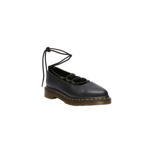 Dr. Martens Elphie II noire en cuir Virginia, vue de trois quarts avec liens à nouer autour de la cheville