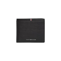 Image 1 : Portefeuille Tommy Hilfiger homme en cuir grainé noir, vue de face avec logo signature et bandelette tricolore — Delvale