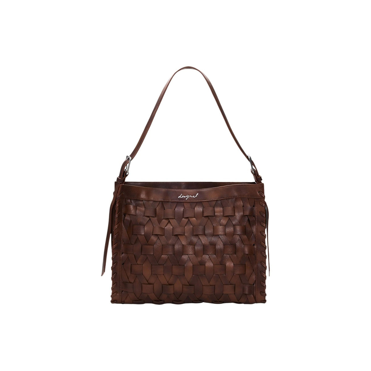 Image 1 : Sac bandoulière Desigual femme marron en similicuir tressé avec maille géométrique et signature cursive — Delvale