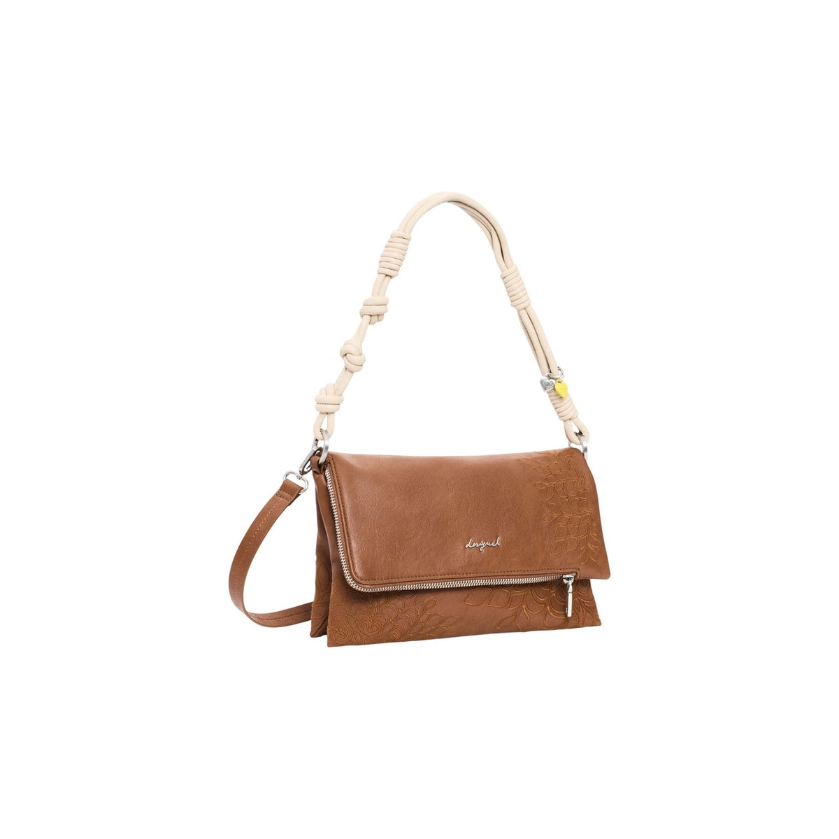 Image 2 : Desigual sac à main femme caramel rabat lisse zip argenté anse corde écrue nouée breloque cœur jaune — vue trois quarts — Delvale