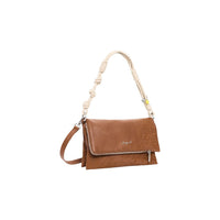 Image 2 : Desigual sac à main femme caramel rabat lisse zip argenté anse corde écrue nouée breloque cœur jaune — vue trois quarts — Delvale