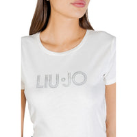 Image 3 : Détail du logo Liu Jo en strass argentés sur t-shirt blanc femme — Delvale