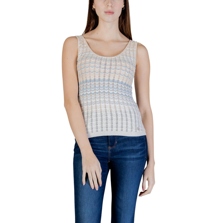 Image 1 : Débardeur Guess femme beige en lurex brillant, coupe sans manches avec col rond — delvale