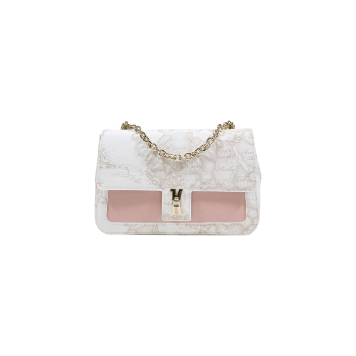 Image 1 : Sac bandoulière Alviero Martini Prima Classe blanc avec motif carte du monde, insert rose poudré et fermeture clip dorée, chaîne structurée dorée — Delvale