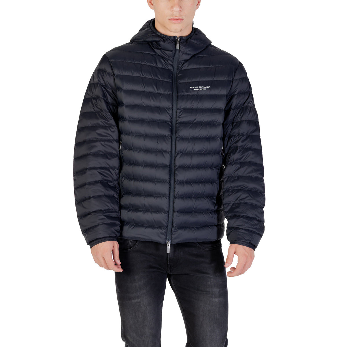 Armani Exchange doudoune homme noir quilts horizontaux vue trois quarts — Delvale