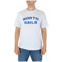 Image 1 : T-shirt North Sails homme blanc à manches courtes avec grand logo bleu imprimé sur la poitrine, porté avec un jean — Delvale