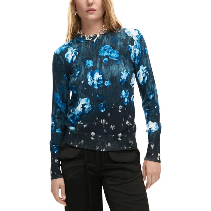 Image 1 : Pull femme Desigual noir avec motif floral coloré, manches longues et col rond — delvale