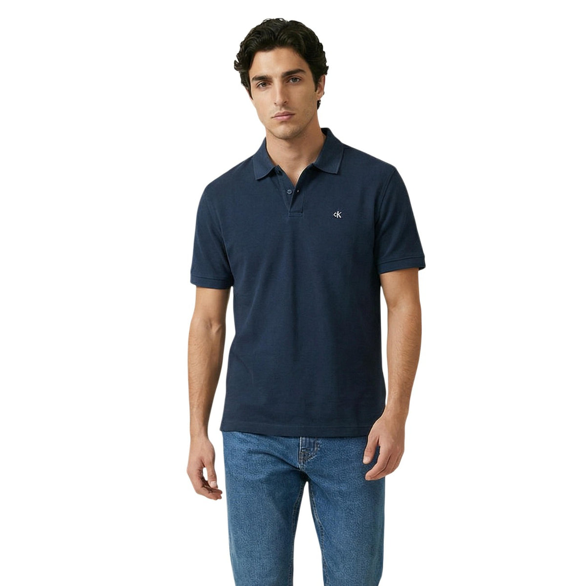 Image 1 : Polo homme Calvin Klein Jeans bleu en coton, vue de face avec col classique — Delvale