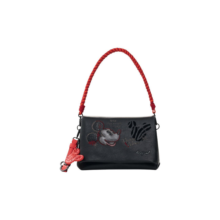 Sac Desigual Femme Bandoulière Face Mickey - Simili Noir & Anse Rouge Tressée