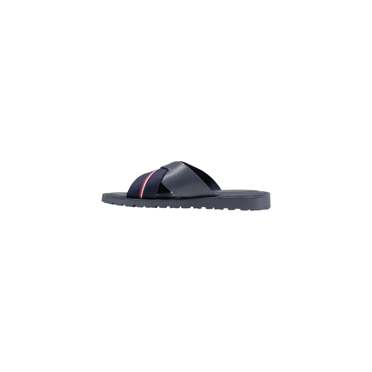 Image 3 : Chaussures mules homme Tommy Hilfiger cuir grainé marine, design bandes croisées tricolores, présentation produit complète — Delvale