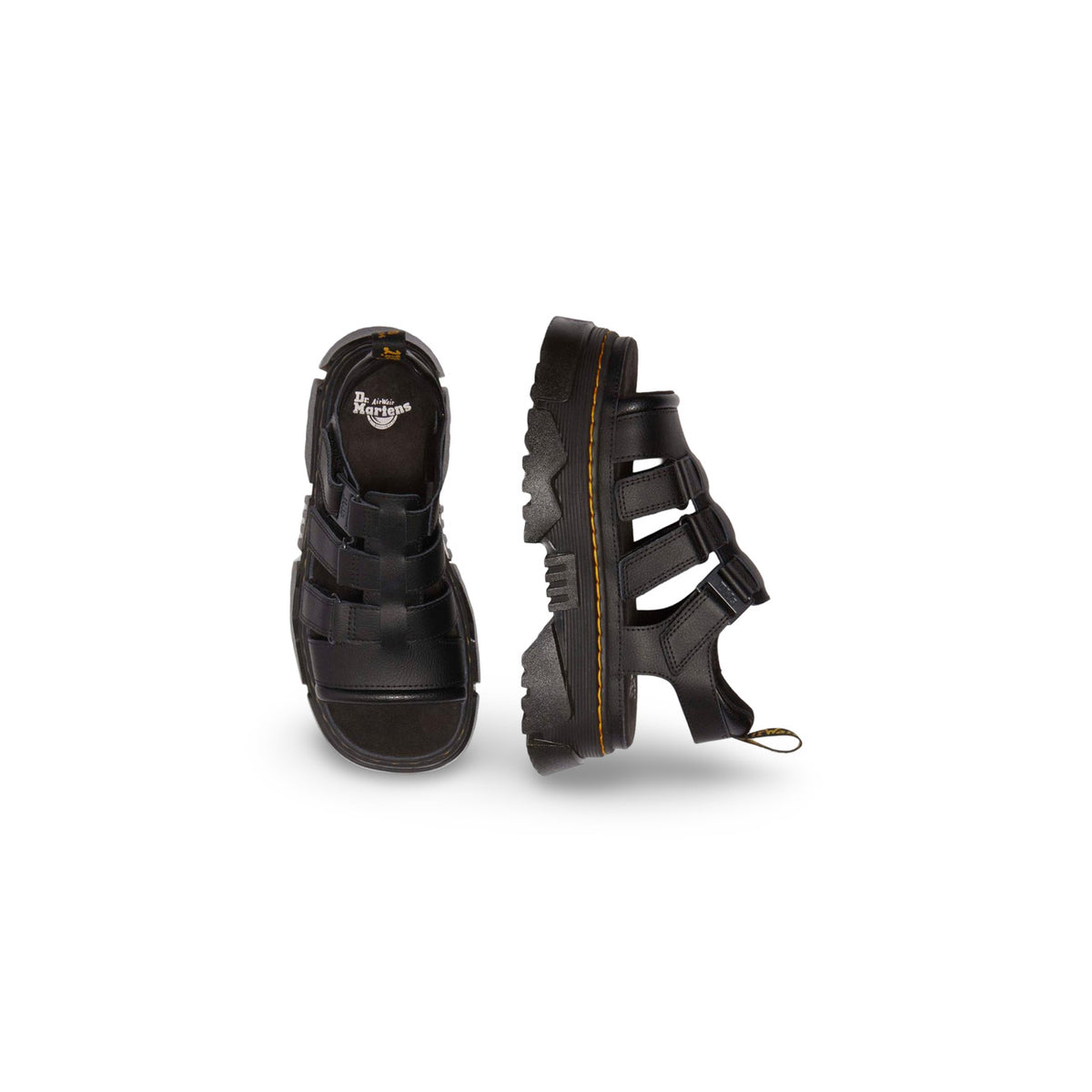 Image 2 : Sandales Dr. Martens Mattison noires à plateforme, détail des trois brides à boucles métalliques et languette de tirage au talon — Delvale