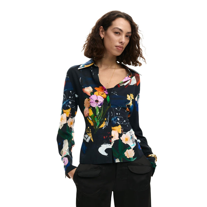 Image 1 : Chemise Desigual femme noire à motif floral avec col V et manches longues — delvale