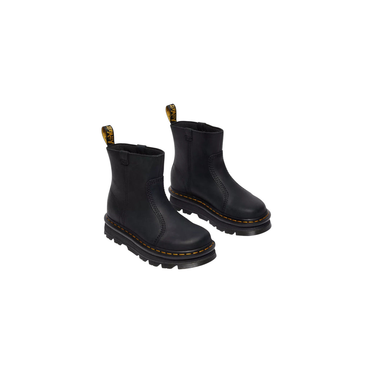 Dr. Martens Zebzag Rigger noires femme vue de trois quarts, paire de bottines en cuir noir