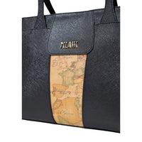 Image 2 : Sac à main Alviero Martini Prima Classe noir, anses doubles portées épaule, détail du motif géo et de la fermeture zippée — Delvale