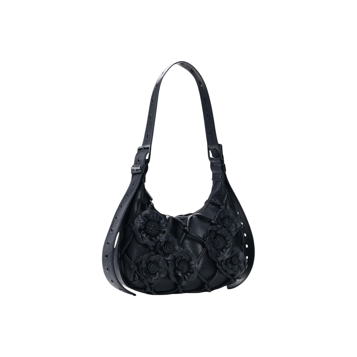 Image 2 : Détail du matelassé losanges noir et des appliques roses en relief du sac hobo Desigual — delvale