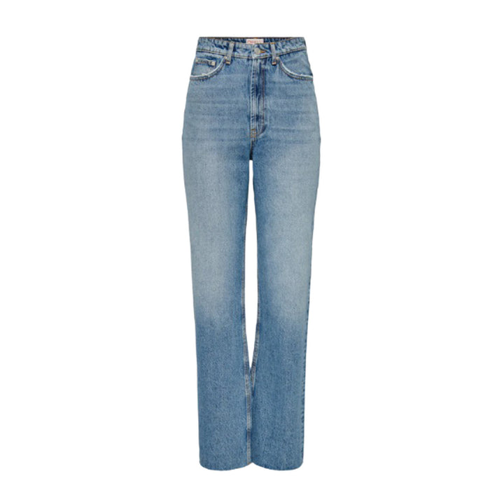 Image 1 : Jeans femme Only bleu en coton, vue de face avec fermeture zip et bouton — Delvale