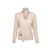 Image 3 : Look femme élégant avec pull Liu Jo beige col V lavallière et pantalon noir, silhouette ajustée — Delvale