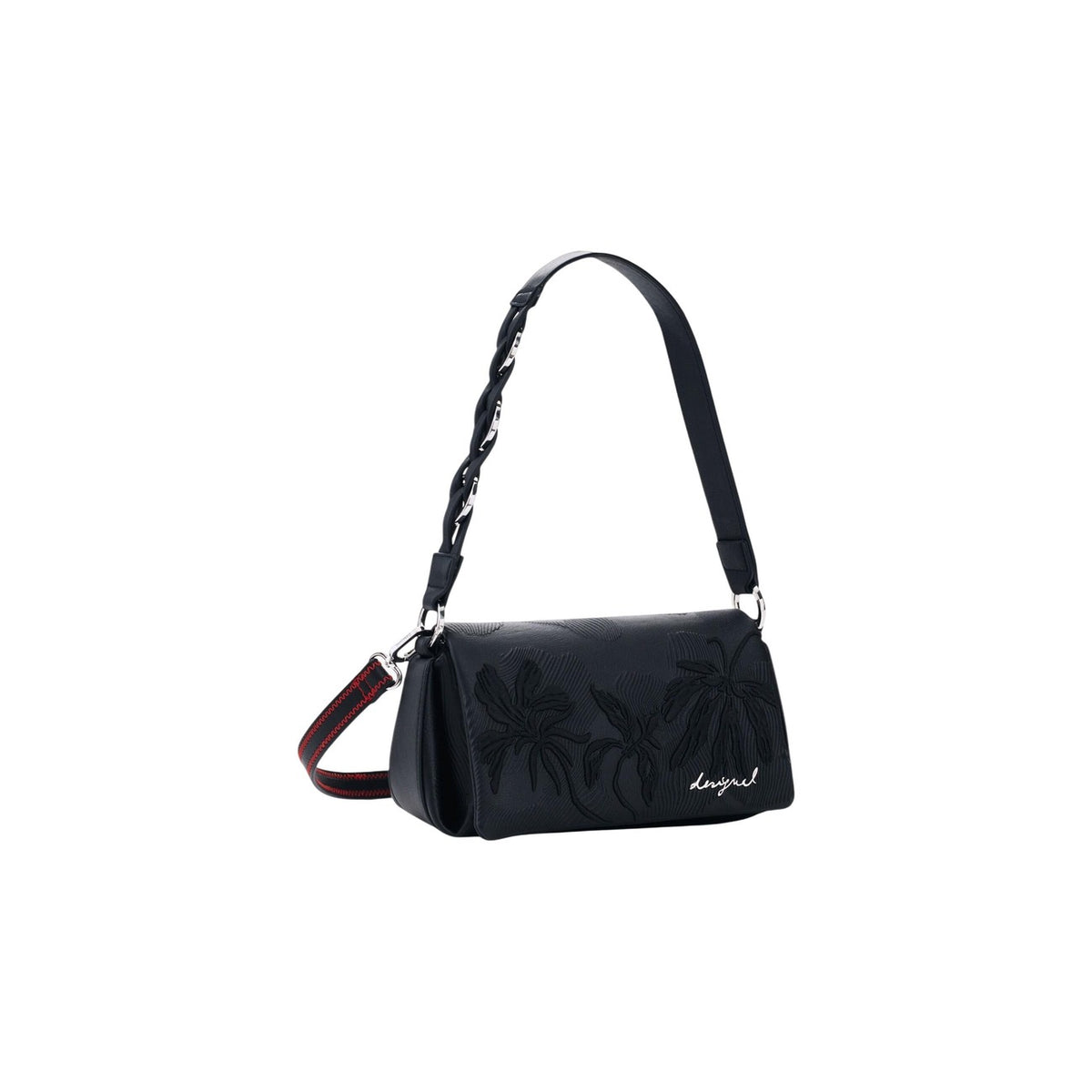 Image 2 : Détail broderie palmiers ton sur ton et surpiqûres rouge contrastantes sur le sac baguette Desigual noir — Delvale