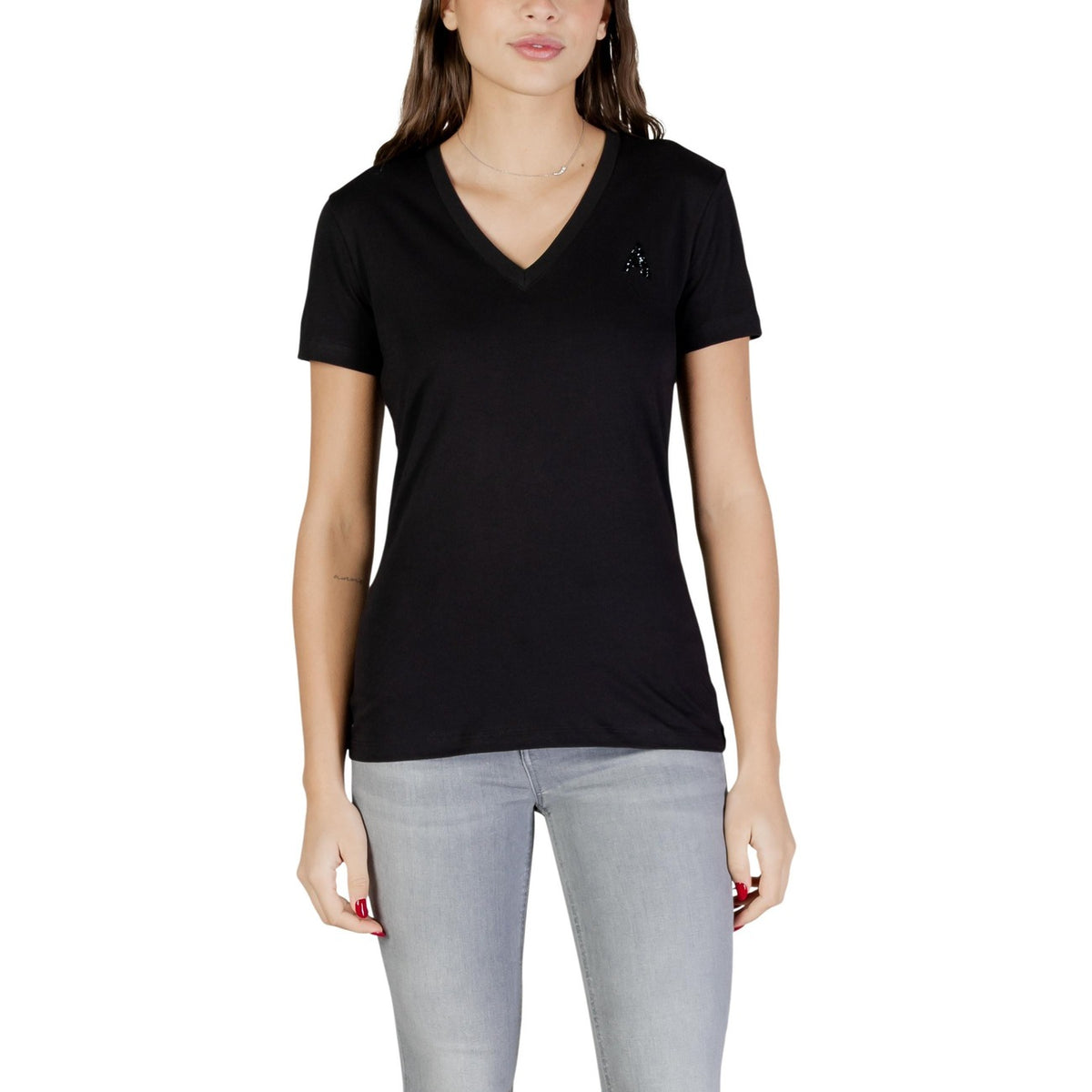 Image 3 : T-shirt Armani Exchange femme noir col V vue de dos et finitions — delvale