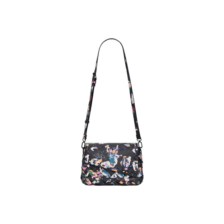 Image 1 : Sac bandoulière Desigual femme noir en coton avec imprimé floral figuratif, rabat structuré — delvale