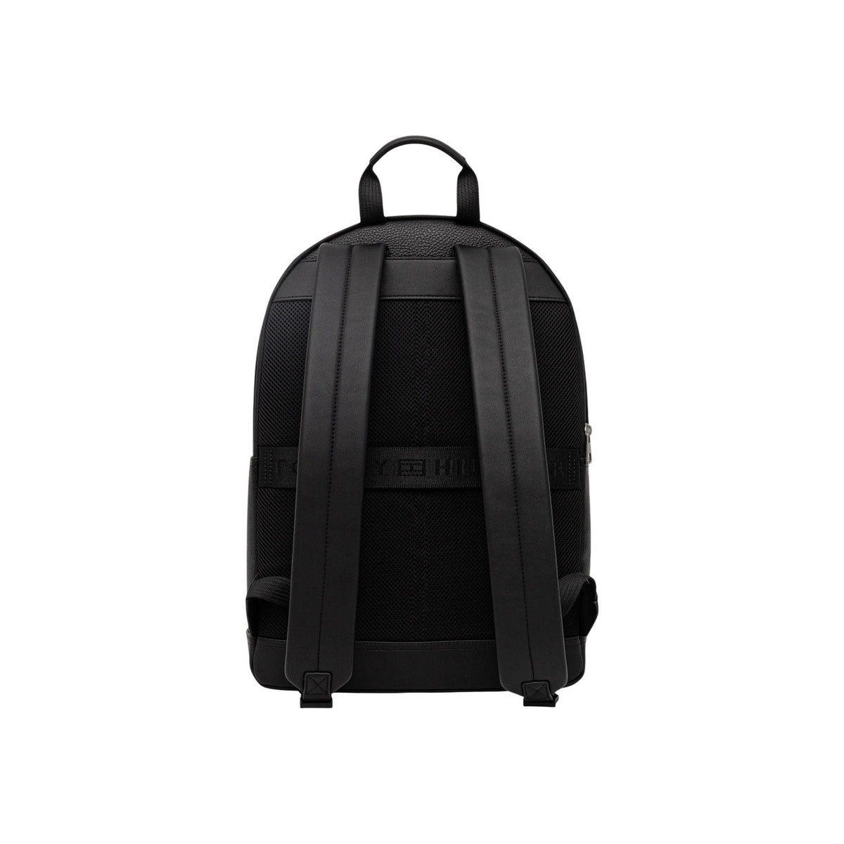 Image 3 : Backpack Tommy Hilfiger homme cuir grainé noir, vue de trois quarts mettant en valeur le volume et le bandeau tricolore signature — Delvale