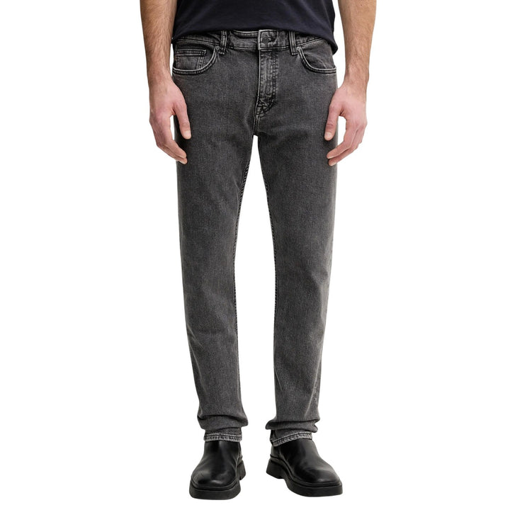 Jean Boss homme gris denim coupe droite fermeture zip bouton poches frontales vue face