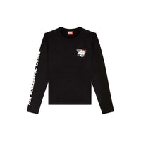 T-shirt manches longues Diesel homme noir, patch brodé DSL 55 poitrine gauche, inscription manche blanche, fond blanc — Delvale