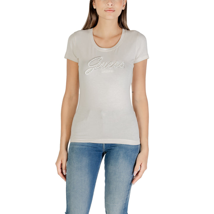 Image 1 : T-shirt femme Guess beige avec détails strass et manches courtes — delvale