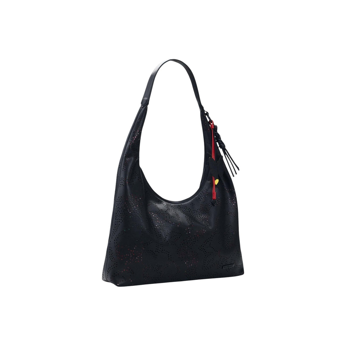 Image 2 : Gros plan sur les micro-perforations effet ciel étoilé du sac hobo Desigual noir et détail des breloques colorées fixées au zip — Delvale