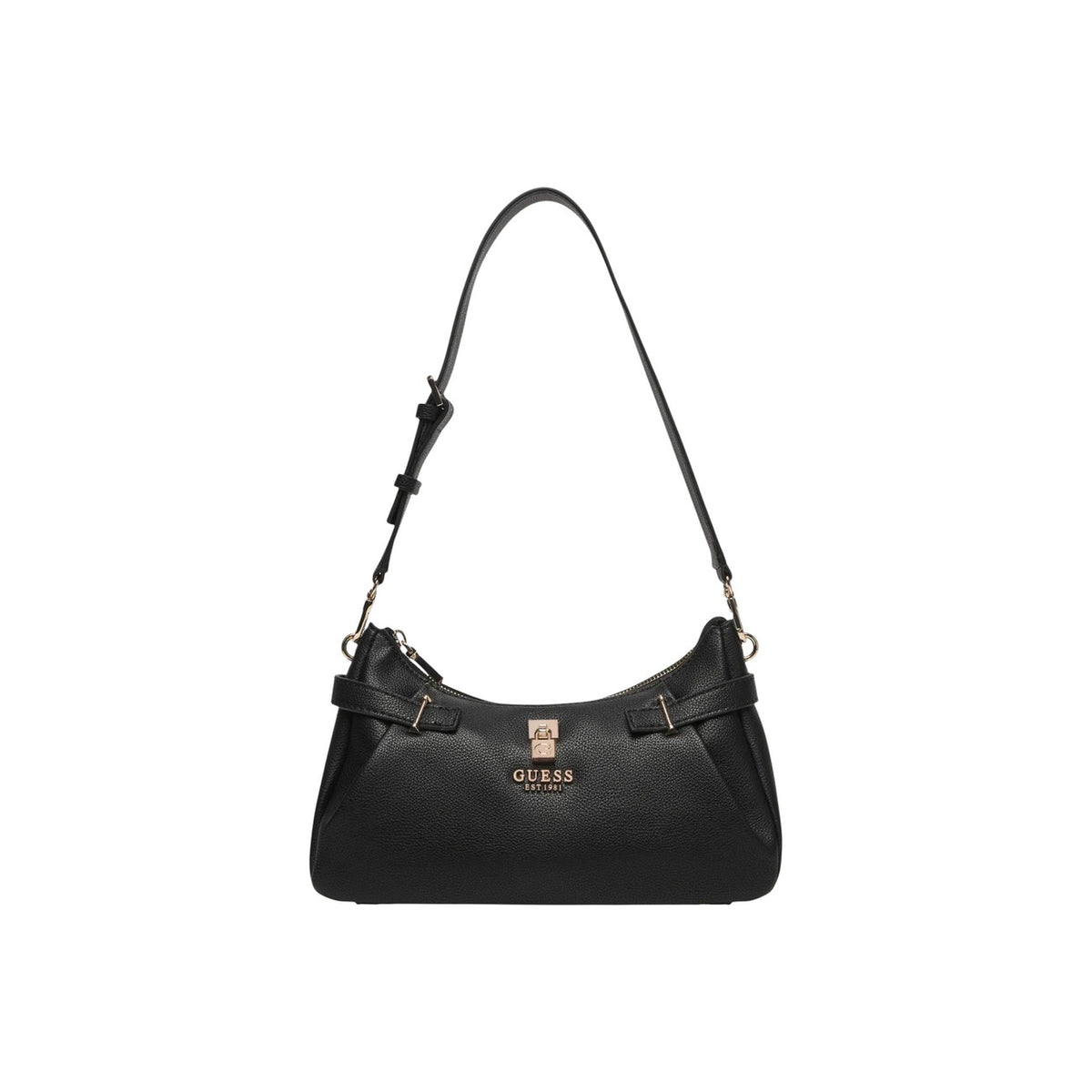 Image 1 : Sac baguette Guess femme en similicuir grainé noir avec bandoulière longue réglable et cadenas logo doré — Delvale