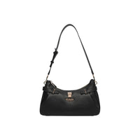 Image 1 : Sac baguette Guess femme en similicuir grainé noir avec bandoulière longue réglable et cadenas logo doré — Delvale