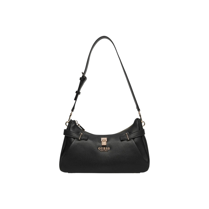 Image 1 : Sac baguette Guess femme en similicuir grainé noir avec bandoulière longue réglable et cadenas logo doré — Delvale