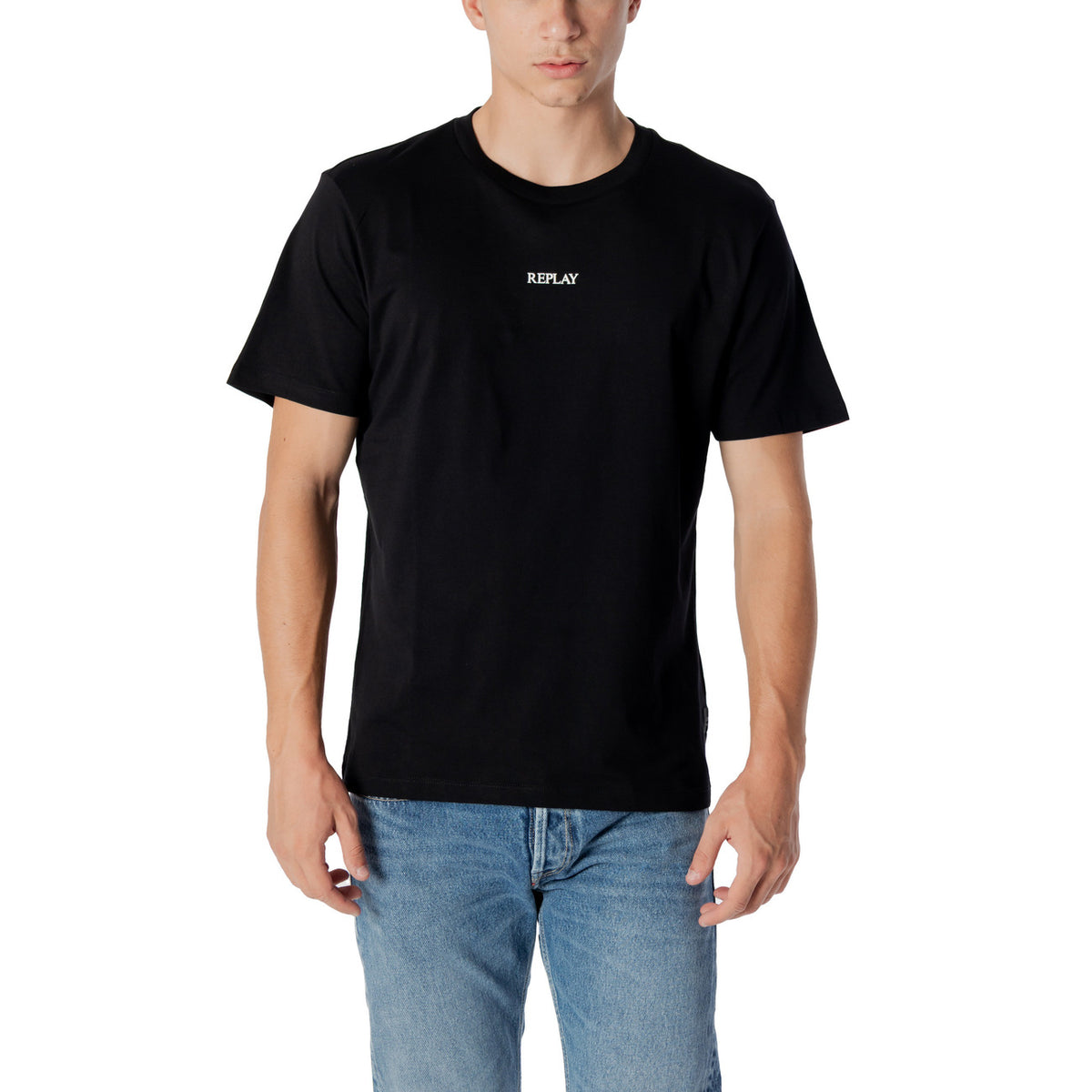 Image 4 : Détail col rond et finitions t-shirt Replay homme bleu à impression — Delvale
